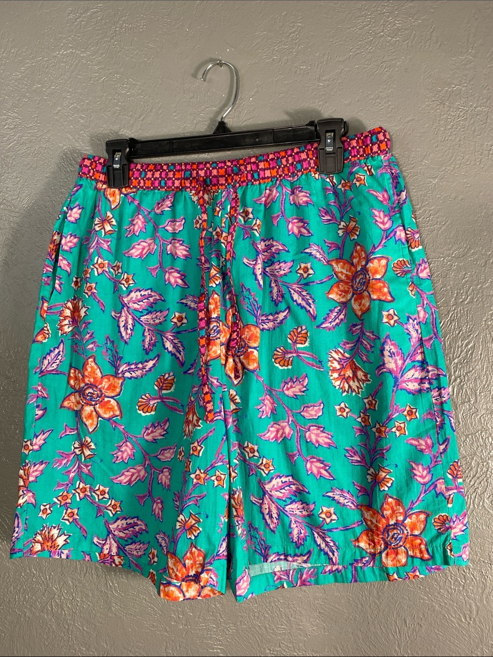 Sundance Shorts Womens M Teal 100% Cotton Floral Boho Made in India Pull On
